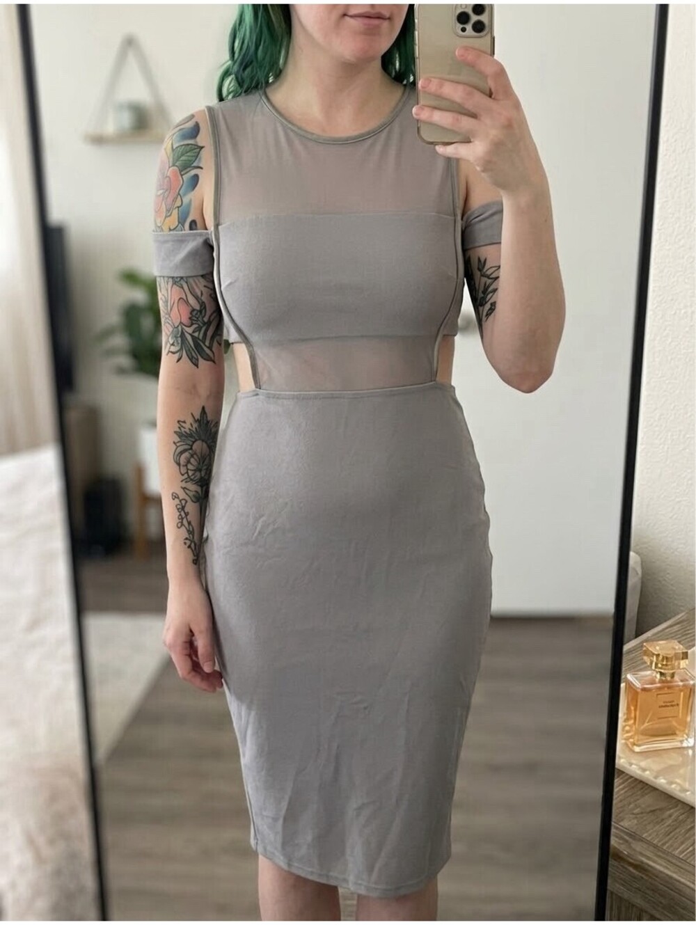 NWT Missguided Gray Sheer Mesh Cutout Midi Bodycon Dress Size 12